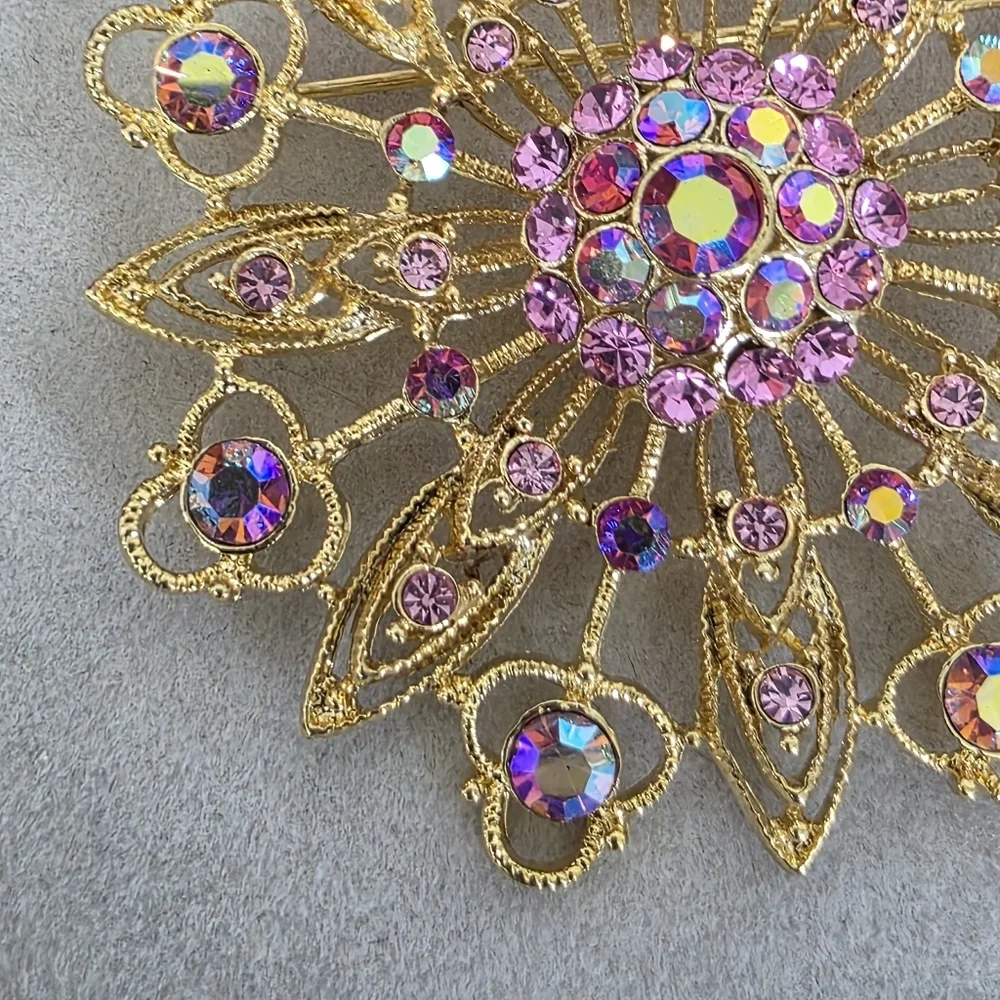 VIntage filigree Starburst Flower Brooch Pin with Pink and AB Crystal Rhinestone